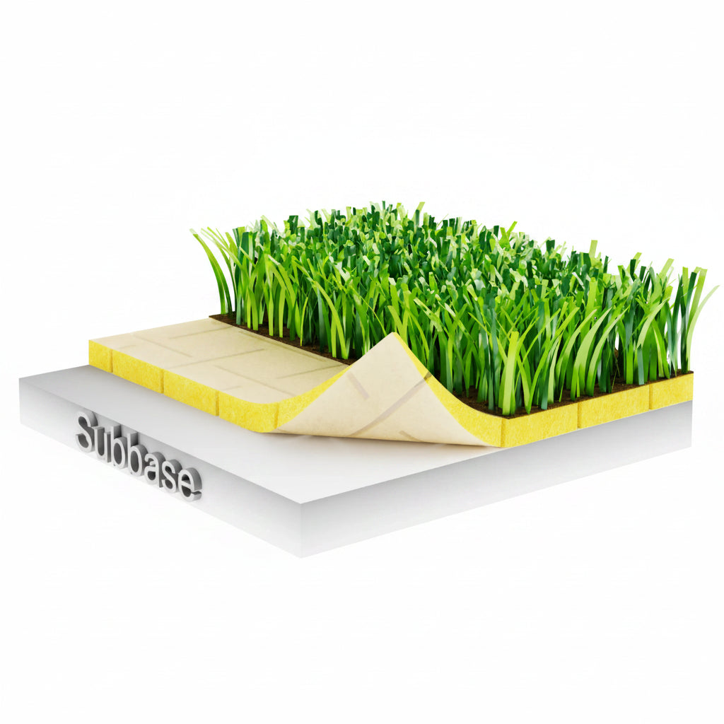 Illustration of an underlay beneath artificial grass; turf and subbase are not included
